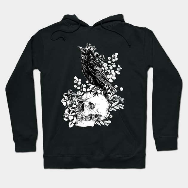 Black raven with skull and crow, skeleton eucaliptus leaves, black and white Hoodie by Collagedream